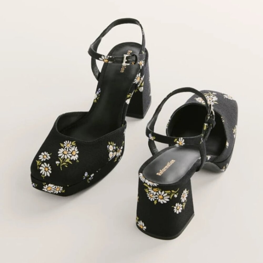 Reformation RARE NIB Marisol Platform Heels in Daisy Crepe Size 7